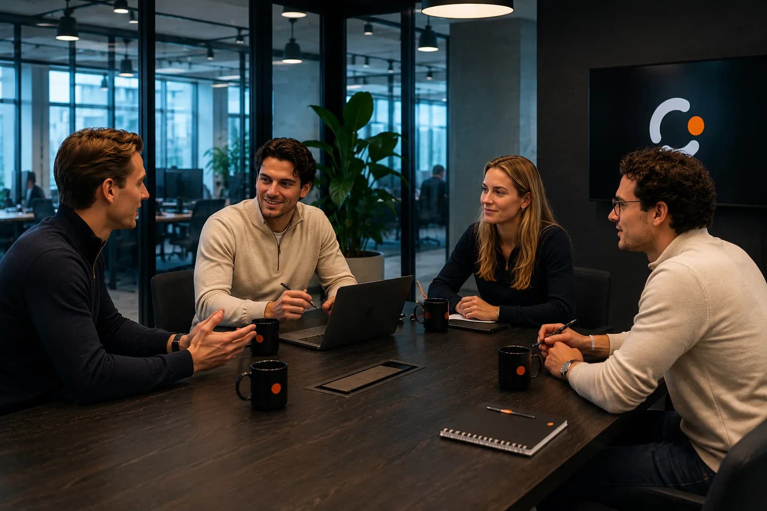 Team in een meetingruimte rond een laptop met cijfers